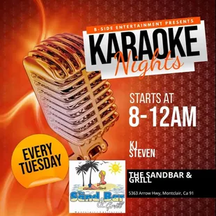 Join us every Tuesday for Karaoke, drink discounts and snacks!! Starts at 8!