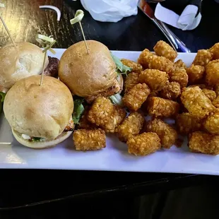 Salmon sliders with awesomely crunchy tots.