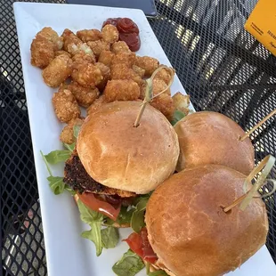 Salmon sliders and tots