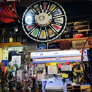 a wheel of fortune hanging from the ceiling
