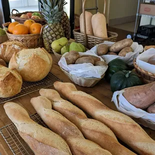 bread, fruit and vegetables