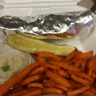 Sweet potato fries, yummy pickle, and side of slaw.