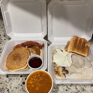 Pancakes, Chicken Fried Steak and Eggs, Posole