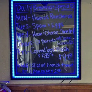Daily specials for each day of the week
