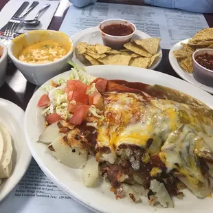The Company Burrito (breakfast), posole, and chicken cheese chile soup