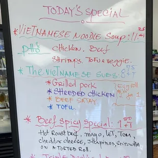 Specials menu. June 2021