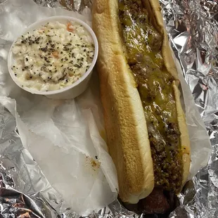 Beef coney dog w/ cheese  Cole Slaw