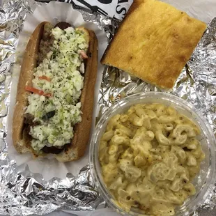 Slaw dog  Cornbread Mac and Cheese