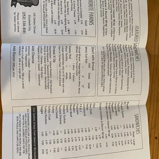 the menu for the sandwich market