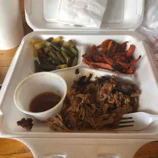 BBQ plate with carrots and 3 bean salad