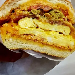 Bacon, egg, American cheese. My go-to, always. So bomb!