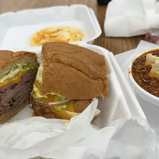 Hot Roast Beef and Cheese Sandwich with a Cup of Chili