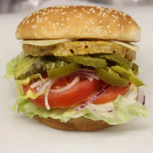 Garden Burger (Vegetarian Patty Made of Mushrooms, Beans, Rice &amp; Cheese) with Monterey Jack on a Hamburger Bun