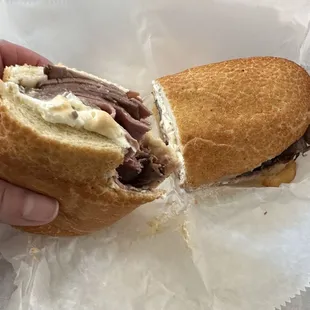 Hot roast beef, special sauce and cream cheese on Dutch Crunch roll