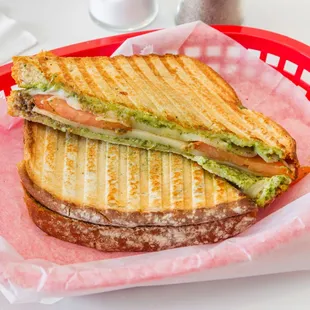 #34-Cheezy,Breezy,Caprese(Vegetarian)
Provolone, basil pesto sauce, tomatoes, secret sauce, balsamic(grilled cheese)