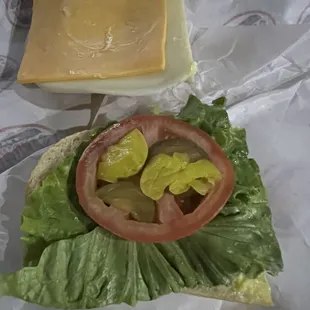 This looks like jail food. Only the American cheese was edible. The pickles and peppers were gooey and old and the bread was hard.