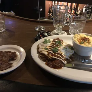 Sausage patty side/ Huevos Rancheros with grits