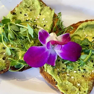 Gorgeous Avocado toast on GF bread with pea shooters, sesame seeds &amp; orchid. Perfection!