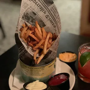 Hand cut fries. The ketchup and aioli is amazing