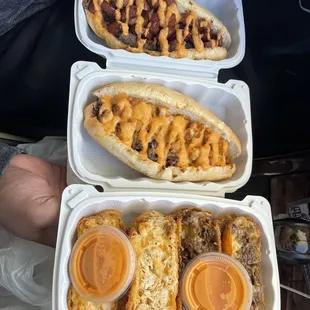 Steak and hot link hoagie and steak and shrimp hoagie and crab egg roll and beef egg roll