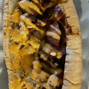 Hot link, crab and shrimp Po Boy...deliciousness packet in every bite