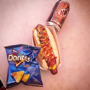 a hot dog and chips