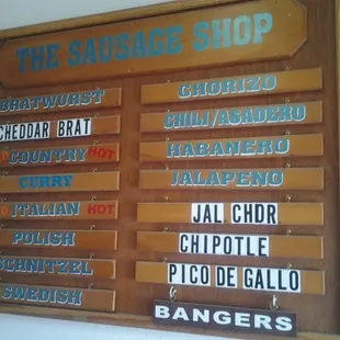 Their menu board of sausages.