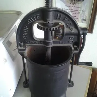 An old school sausage maker.  Pure cast iron.