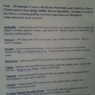 Half of the list of sausages they make and what's inside of them.