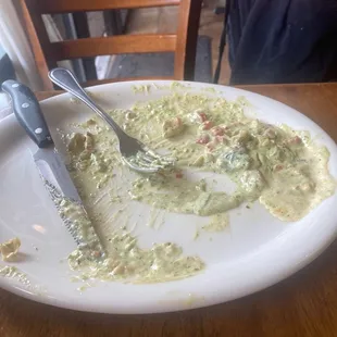 Empty plate of pesto crepe