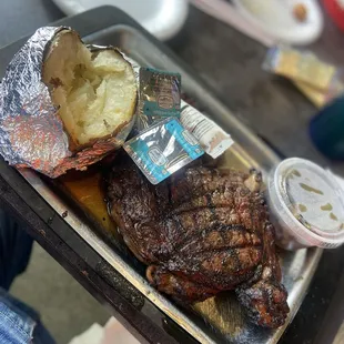 Small ribeye, baked potato and green beans