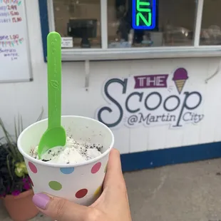 a hand holding a cup of ice cream