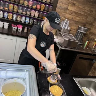 Marley making my Ice Cream sandwich- lemon cookies with Strawberry ice cream
