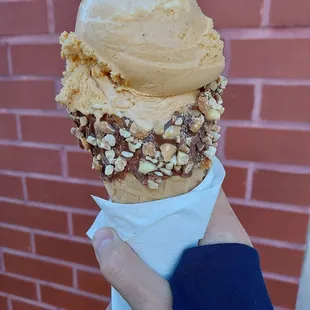 Pumpkin ice cream on a chocolate nutted waffle corn