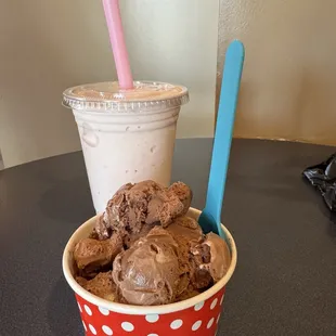 Frosted Chocolate Malt ice cream, strawberry milkshake