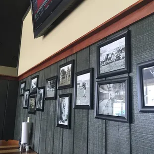 a wall full of framed photos