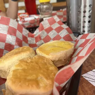 a basket of breakfast foods