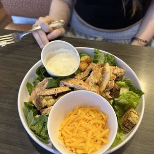 Chopped Chicken Caesar Salad with Blackened Chicken (they were out of parmesan, so added cheddar on the side)