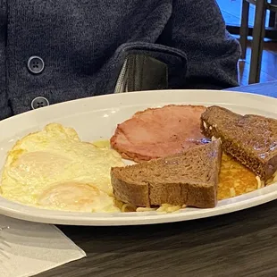 The Fishhawker Breakfast- this one was ordered with 2 eggs, ham steak, wheat bread and hashbrowns