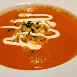 Lobster soup with tenkasu, chives and creme fraiche