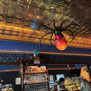 a spider hanging from the ceiling of a bar