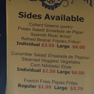 Sides menu
