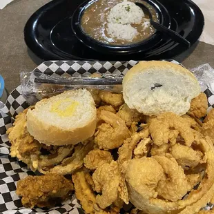 Seafood Gumbo, Homemade Onion Rings, Seafood Basket