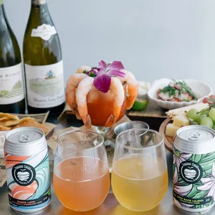 a variety of drinks and snacks