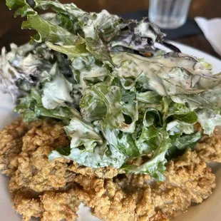 Fried oyster salad with blue cheese salad dressing