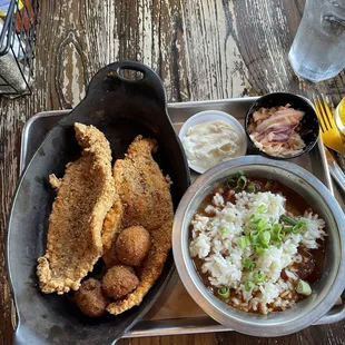 All of my things. Beer. Red Beans and Rice. Catfish. Hush puppies. Slaw. I could just die right now and be good.