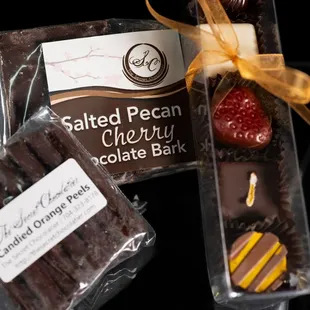 Fruit Classics, chocolate dipped candied orange peels, cherry chocolate bark, and bon bons