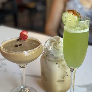 Espresso martini, iced coffee, cucumber mimosa