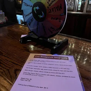 Wheel of shots and menu