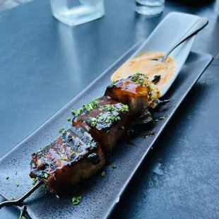 Pork Belly Yakitori- this isn&apos;t for people that don&apos;t like fat because that&apos;s what pork belly is, but wow! Flavorful!
